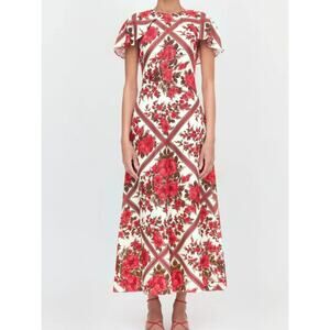 Hill House Home Davina Dress Diamond Rose Red Floral Cape Sleeve Maxi XS